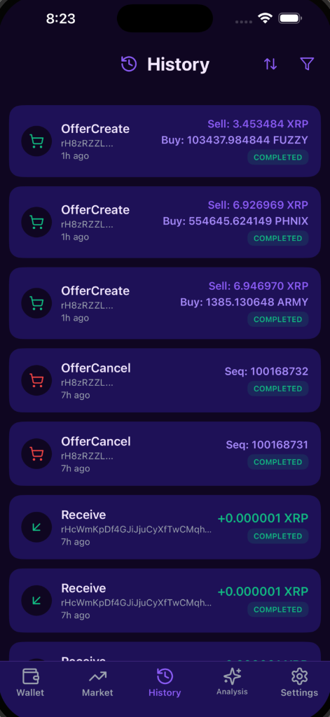 Transaction history with trades and transfers