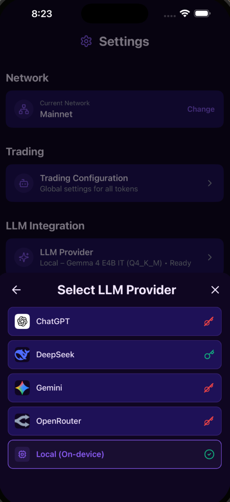 Settings screen with LLM provider selection